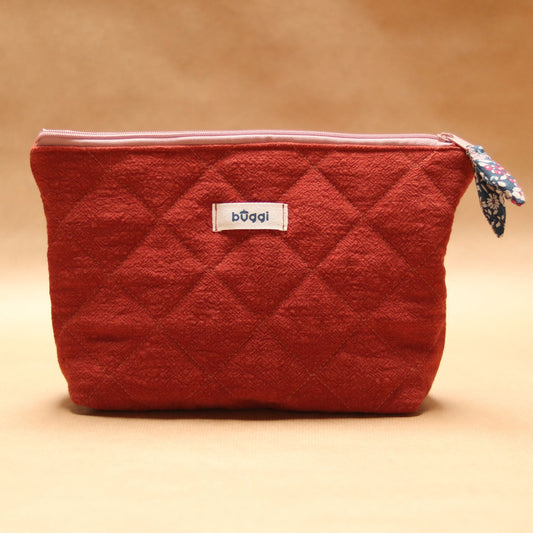 Duża kosmetyczka pikowana z lnu – ceglany | Premium handmade | Organizer podróżny 32×22 cm