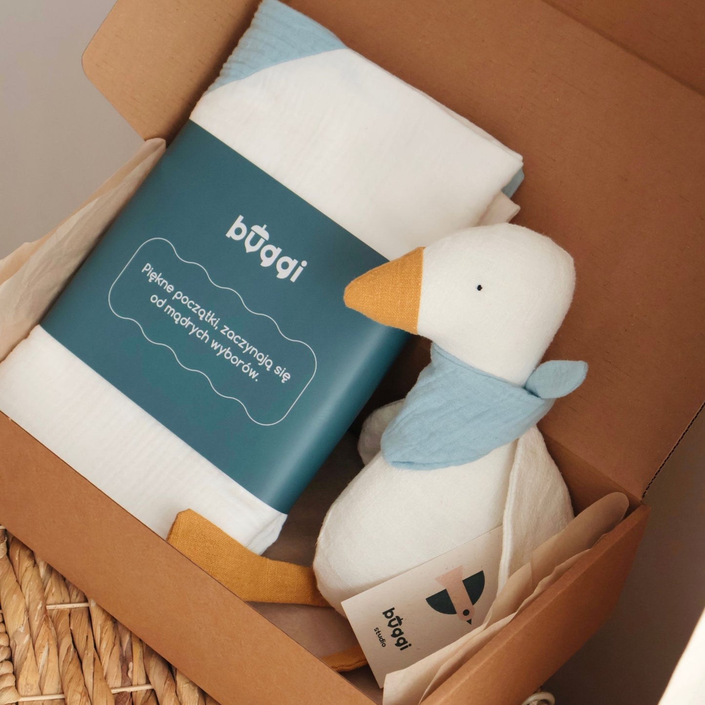 Zestaw prezentowy dla niemowlaka - lniana gąska i kocyk muślinowy - Baby Blue