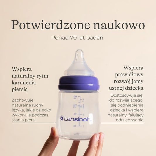 Butelka do karmienia ze smoczkiem o wolnym przepływie Lansinoh Natural Wave® 160 ml — wspiera naturalny rytm ssania niemowlęcia