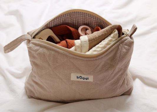 Duża kosmetyczka pikowana z lnu – beżowa