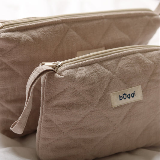 Mała kosmetyczka pikowana z lnu – ręcznie szyta - kolor beżowy